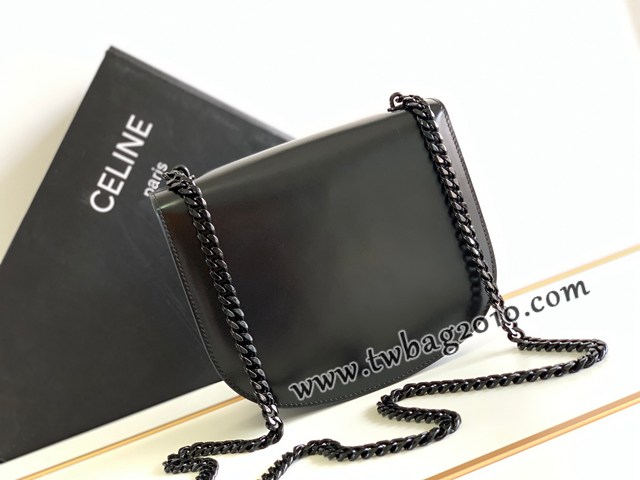 Celine專櫃2023新品TEEN BESACE TRIOMPHE鏈條亮澤牛皮革手袋 賽琳黑色全皮凱旋門馬鞍包 sldj2394